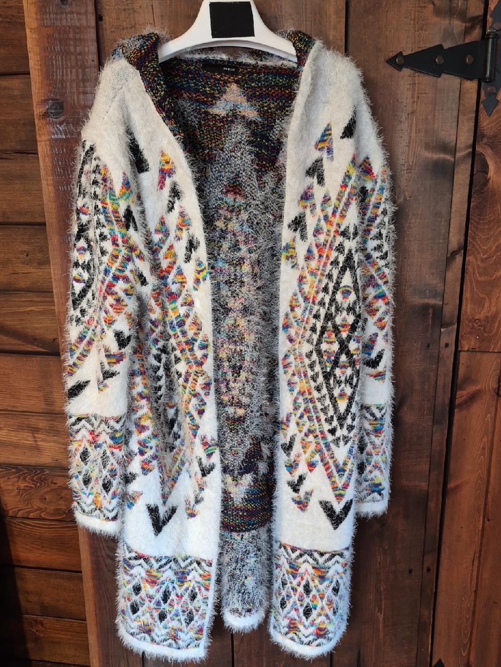 On Blue Cozy Multicolor Patterned Hooded Cardigan Sweater - White